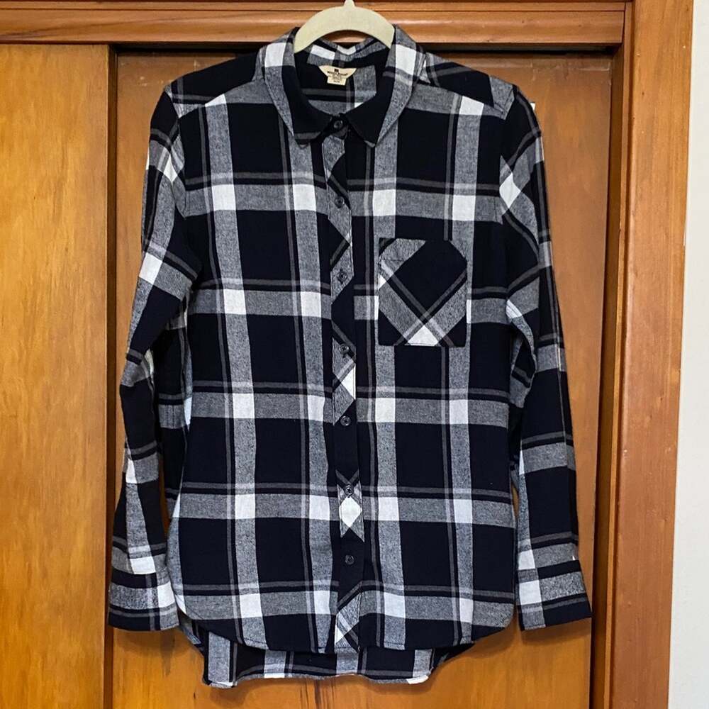 Woolrich Black White Plaid Flannel Button-Down Shirt Outdoor Grunge Utility